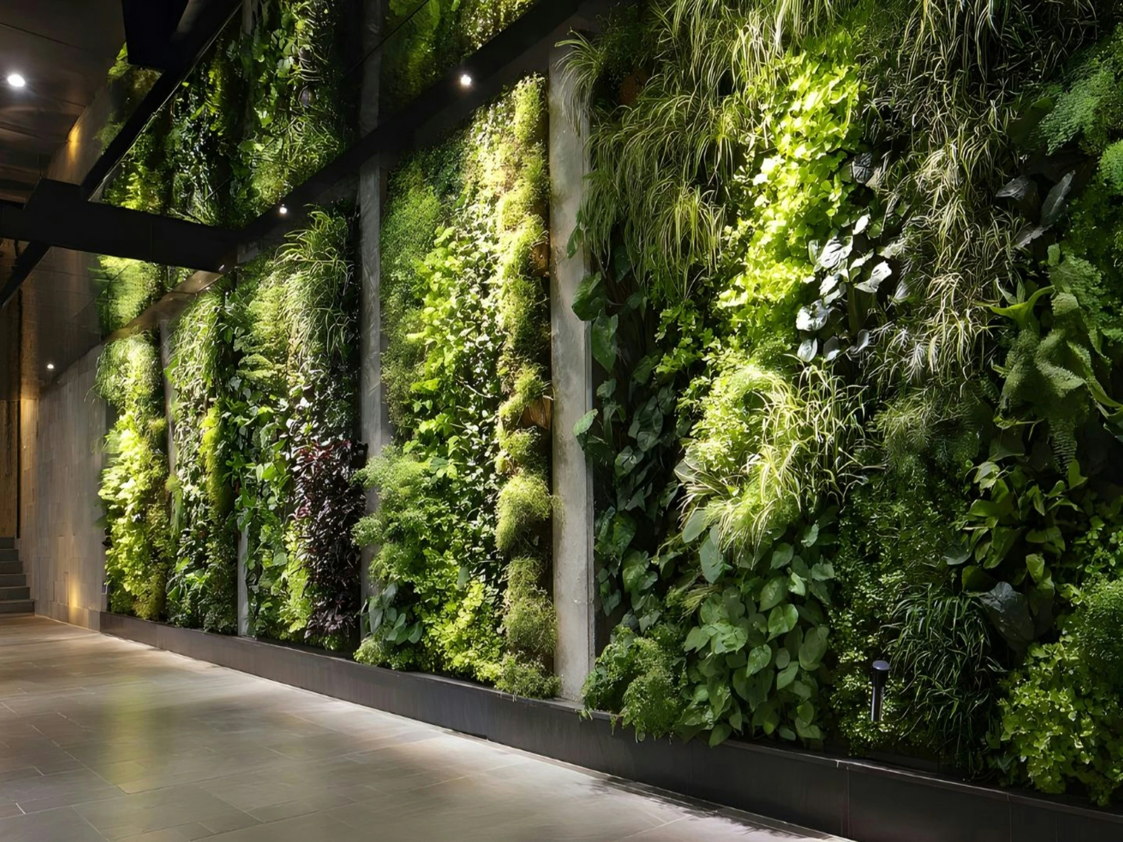 Mur végétal intérieur intégré à un couloir contemporain
